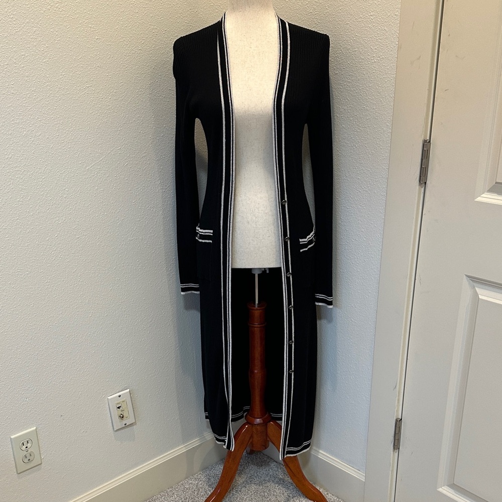 WHBM Black Long Open Cardigan with White and Silver Metallic Trim